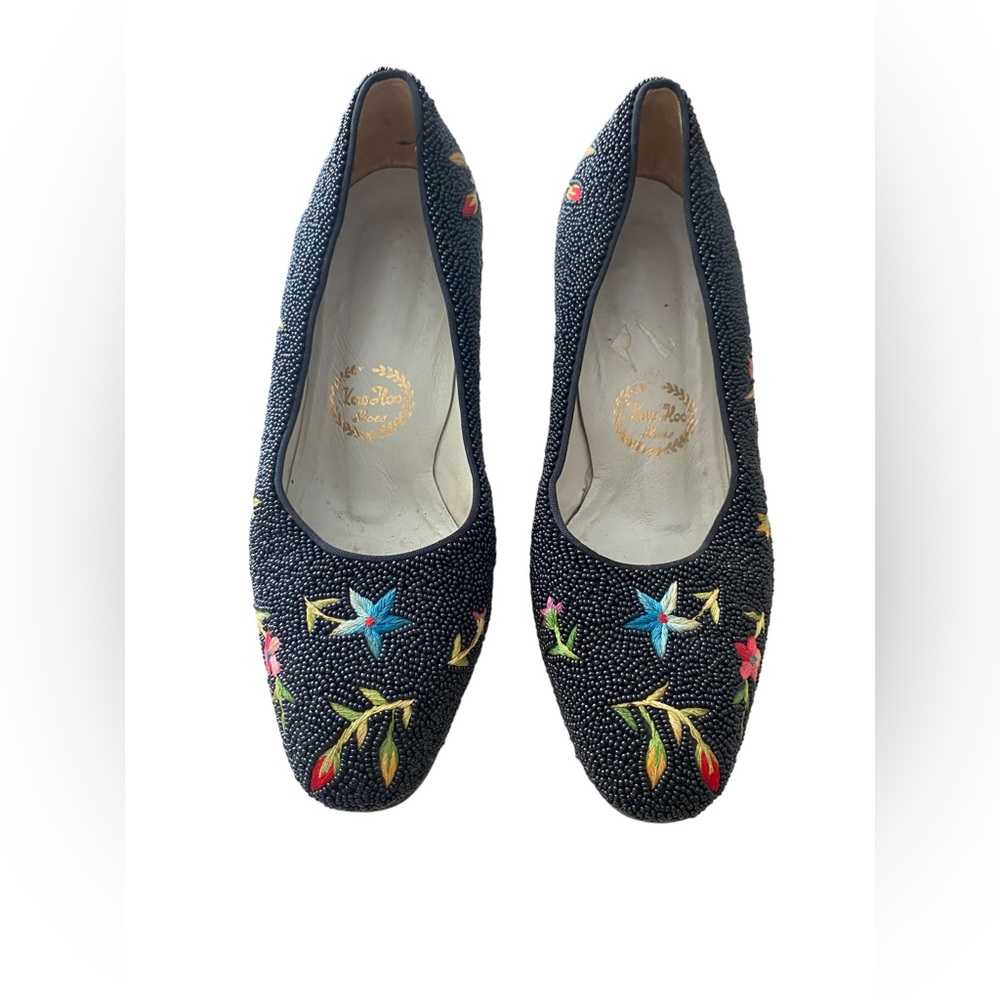 Vintage 1940s KOW-HOO, black beaded with florals - size 36